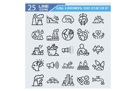 25 Global Environmental Issues Outline Icon Set for Designers